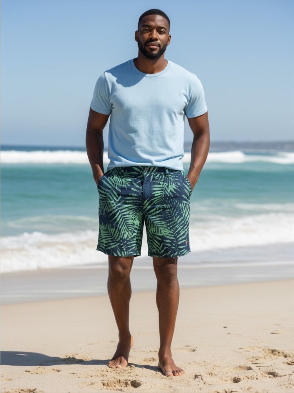 Margaritaville Navy Swim Trunks with Green Palm Print